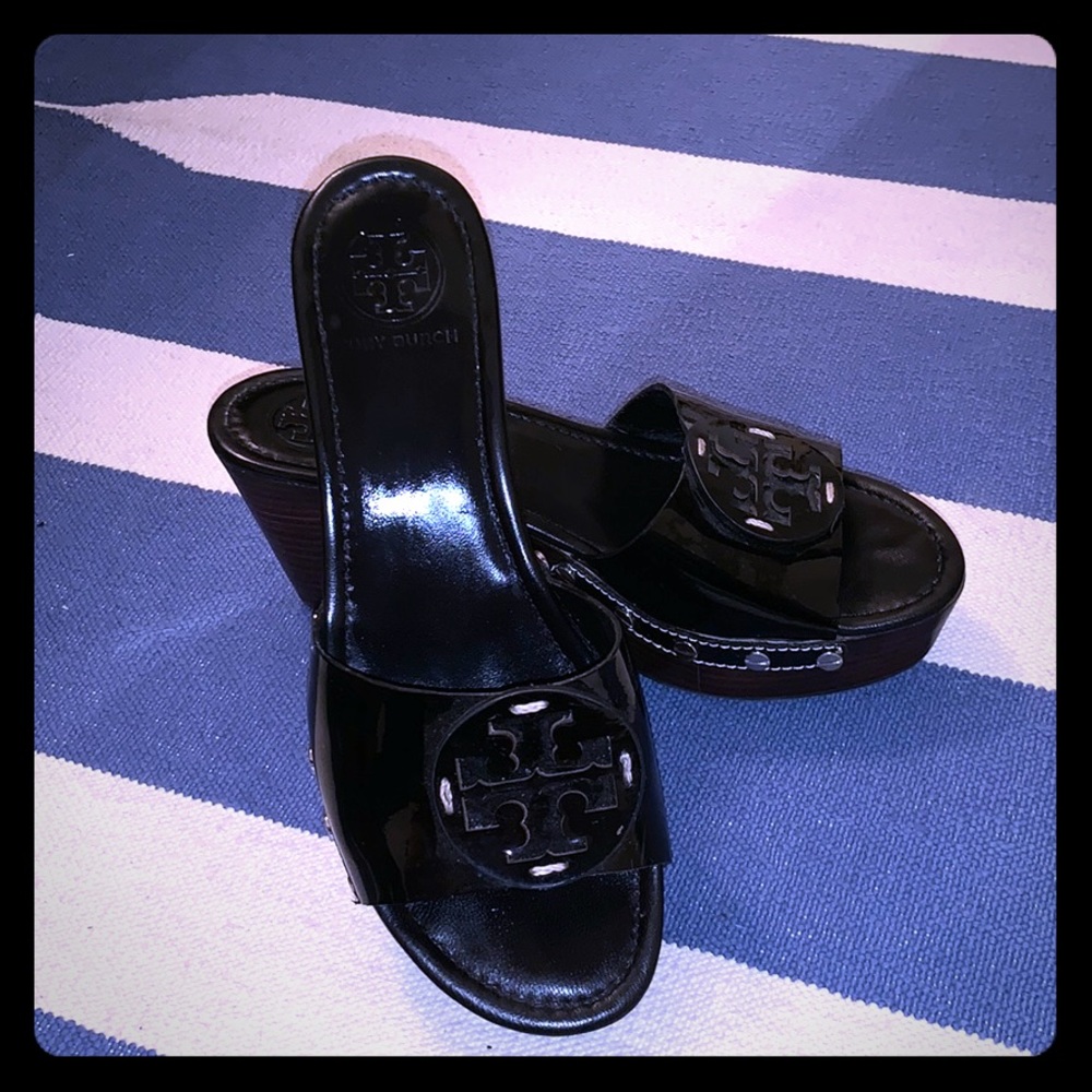 Tory Burch Patent Leather Wooden Wedge Platforms